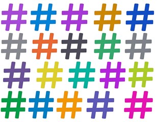 Obraz premium Colorful hashtag symbols on white background