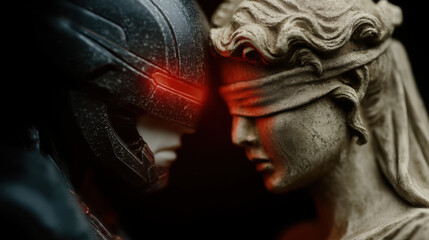 Dramatic representation of justice confronted by the dangers of AI in weaponry