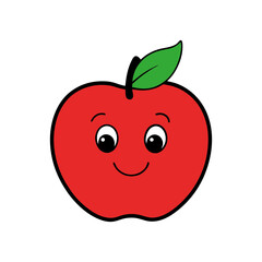 Cute red apple with happy face and green leaf vector