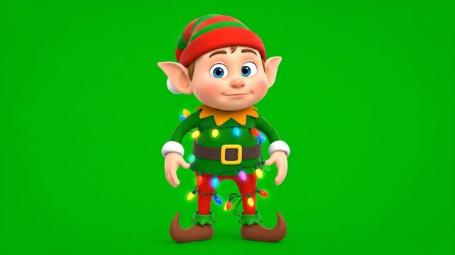 Cartoon Elf with Christmas Lights on Green Screen - A cheerful cartoon elf stands with open arms, tangled in colorful Christmas lights against a bright green chroma key background.