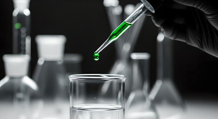 A Scientist's Hand Dropping a Green Chemical Liquid from a Pipette