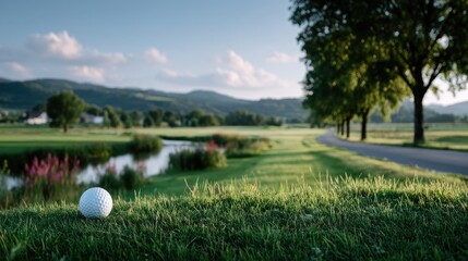 Golf Ball Resting on Lush Green Grass Overlooking Scenic Course and Mountain Landscape in Golden Hour Light