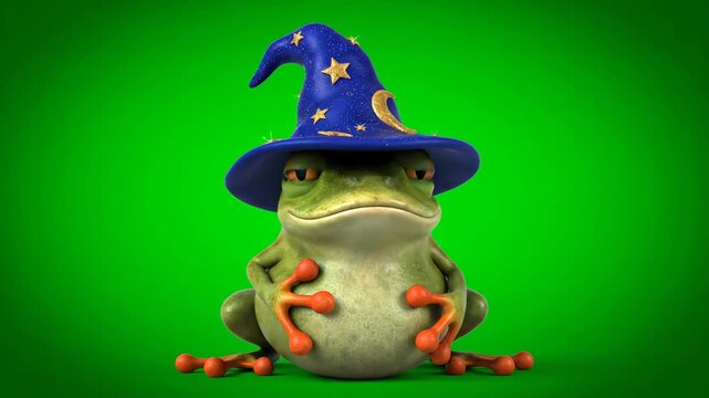 Cartoon Frog Wizard on Green Screen - A cartoon frog wearing a wizard hat is centered against a green chroma key background. The frog has orange eyes and is posed with its hands in front.