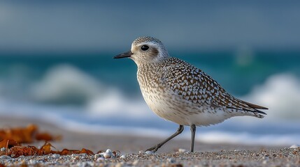 Obraz premium Small Bird by Beach Seaweed - Wildlife and Coastal Ecology