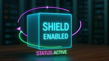 Shield enabled neon cube glowing data center with rotating arrows and active status conveying cybersecurity protection and network defense shield enabled neon status active notification glowing