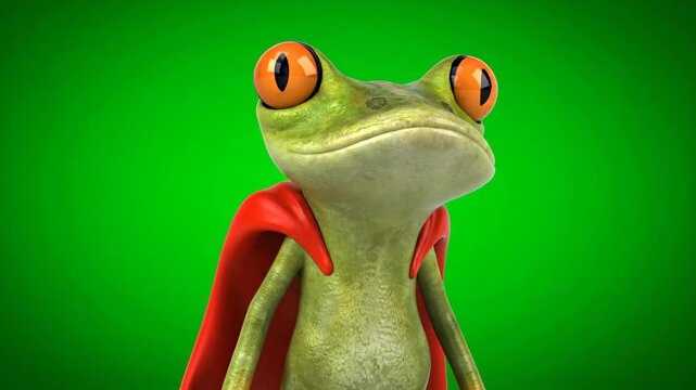 Cartoon Frog Superhero on Green Screen - This video features a 3D video of a cartoon frog wearing a red superhero cape.