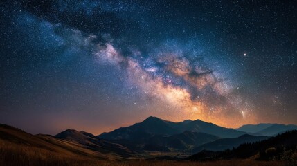 Vibrant Milky Way Galaxy Arching Over Silhouetted Mountain Peaks Under a Starry Night Sky.