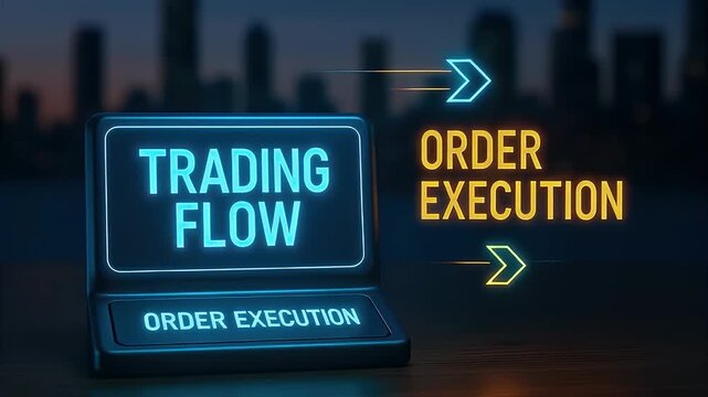 Trading flow order execution neon sign digital display trading office dusk showing financial transaction process and automated trade routing with glowing blue and yellow typography and dynamic arrow