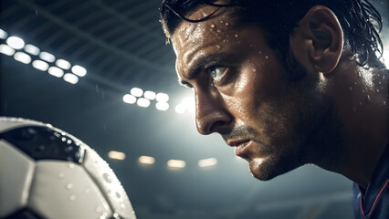 Close up of determined soccer player with ball ready for intense game action shot