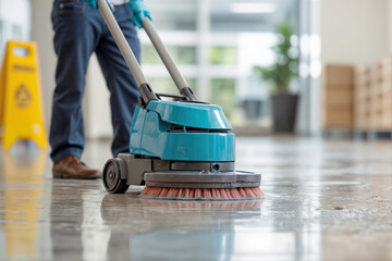 A man cleaner is cleaning a floor with a machine that has a brush on it in University or College . The floor is shiny and clean. Large room cleaning concept