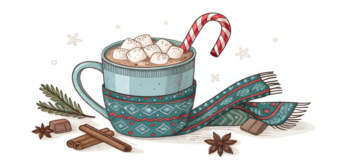 Cozy Cocoa Comfort: A comforting scene unfolds with a delightful cup of warm cocoa adorned with marshmallows and a festive candy cane, inviting viewers to savor the cozy vibes of the season.