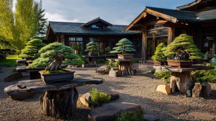 Fototapeta premium Tranquil Bonsai Garden with Elegant Trees Surrounded by Natural Scenery and Stunning Architecture in a Peaceful Outdoor Setting