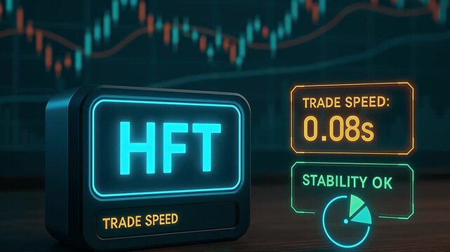 HFT trade speed display trading desk with neon interface, speed reading, stability indicator, stock chart and neon dashboard visualizing low latency electronic automated trading system, 0