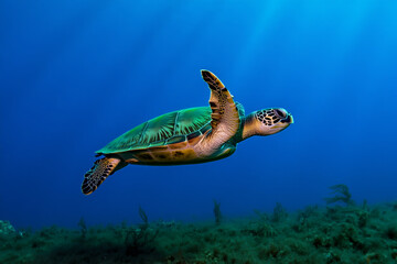 Majestic green sea turtle gliding through deep blue ocean.