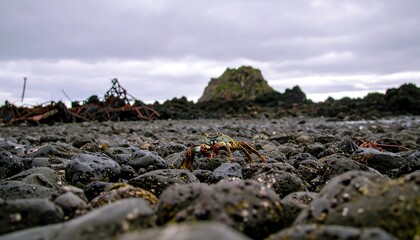 Crab on Rocky Beach with Dramatic Cloudy Sky and Coastal Landscape