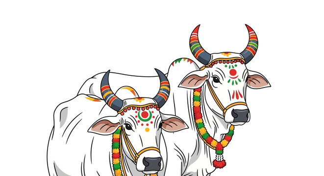 Vibrant vector art of two sacred Indian zebu bulls decorated with colorful paint and garlands for the traditional Hindu harvest festival of Mattu Pongal