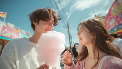 A young couple sharing a fluffy pink cotton candy at a sunny outdoor carnival. - Powered by Adobe