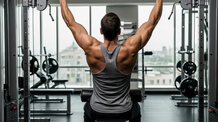 Man doing lat pulldown exercise at modern gym to strengthen back and improve posture, fitness routine footage.