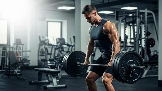A man performing heavy barbell rows, exercising in the gym, a strength training routine for back muscle development footage.