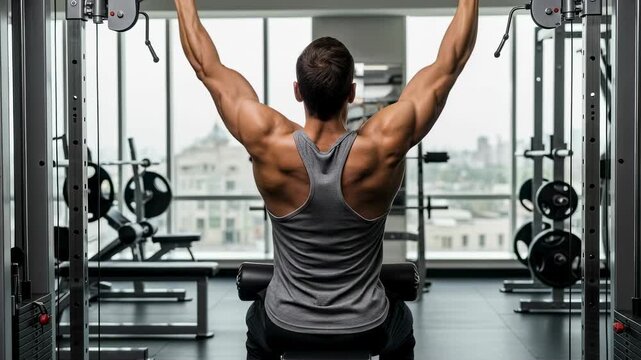 Man doing lat pulldown exercise at modern gym to strengthen back and improve posture, fitness routine footage.