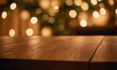 Warm inviting wooden surface with bokeh lights for festive product placement or holiday promotions