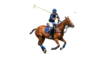 A player on a horse hits a ball with a club, the rider is dressed in a polo suit - playing polo, equestrian sport. Isolated on a white background.