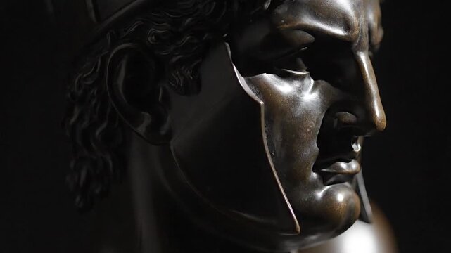 Ancient bronze warrior head detail dramatic lighting evoking power and stoic determination in historical reenactment or museum exhibit