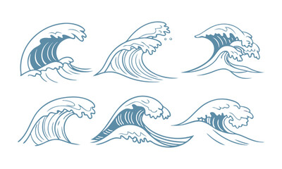 Ocean Waves Line-Art Set Minimal Blue Vector on White, sea beach elements, sea beach weaves elements, easily editable and scalable. 