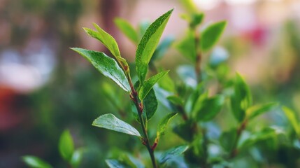 Obraz premium blueberry. Close-up of lush green blueberry leaves with vibrant natural tones and a softly blurred background. gardening catalogs, home-decor guides, designed for home decor and floral branding.