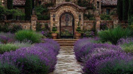 Fototapeta premium Lavish garden entrance featuring stone archway, wrought iron gate, and vibrant lavender blossoms lining a serene pathway through a picturesque landscape