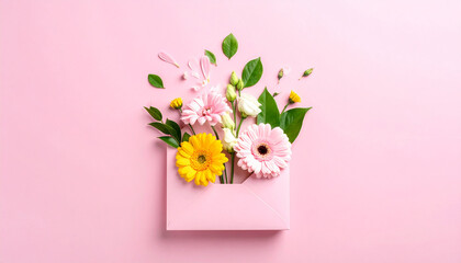 Pink and yellow gerbera daisies and white lisianthus flowers spilling from a pink envelope