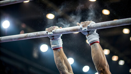 Gymnastics athlete performing on uneven bars with chalk for grip and strength training
