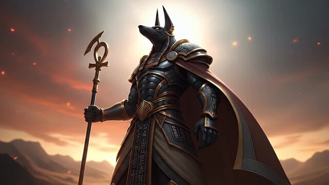 An epic mythological jackal-headed deity in golden armor holding a divine scepter at sunrise