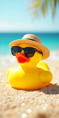 Obraz premium Yellow Rubber Duck with Sunglasses and Beach Hat on Sunny Holiday Sand Background