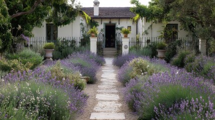 Serene Lavender Garden Path Leading to Charming Cottage Surrounded by Lush Greenery and Blooming Flowers in Beautiful Sunny Daylight