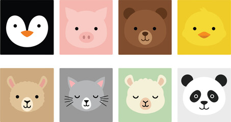 Set of flat style minimal animal face illustrations eps
