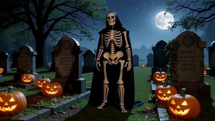 Spooky skeleton stands guard amidst glowing jack-o'-lanterns and tombstones under a full moon - Powered by Adobe