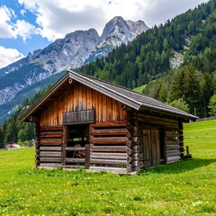 Obraz premium Alpine wooden chalet in a grassy meadow, mountains in the background