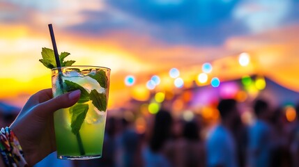 Music festival scene at dusk with mojito cocktails in hand surrounded by a sea of people colorful stage lights and the sound of live music creating an energetic and carefree setting