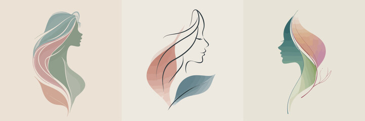 Three artistic representations of womens faces in profile. Each design features flowing hair and elements inspired by nature, creating a serene vibe.