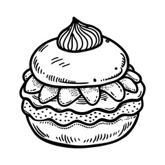 A strawberry cream puff,black and white vector illustration