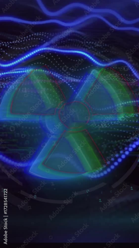 Wall mural animation of data processing with nuclear symbol over light trails on black background