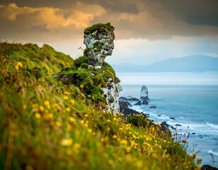Coastal rock formation with wildflowers