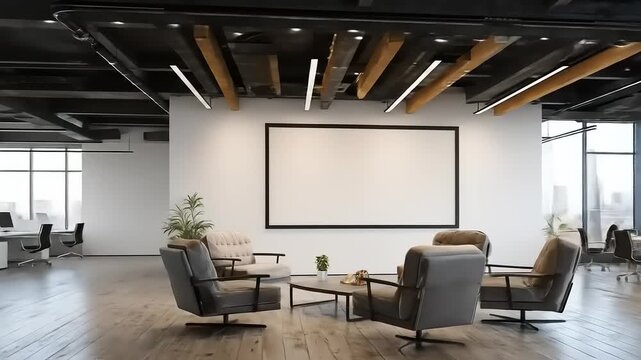 Modern open-plan office space with a blank presentation screen and city views.
