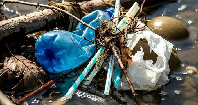 Plastic waste polluting a riverbed, demonstrating environmental harm and neglect