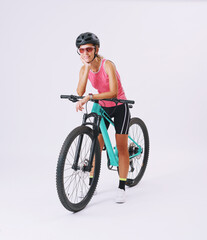 Young Woman In Professional Sportswear, Sitting Pose On Her Mountain Bike Against White Background