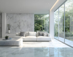 Modern Minimalist Living Room with Marble Floor Tiles, White Sofa Set, and Large Windows Facing Green Trees