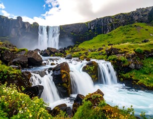 Fototapeta premium Majestic waterfall cascading down rocky terrain, surrounded by lush greenery and wildflowers