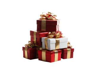 Obraz premium Stack of red and white gift boxes with gold ribbons christmas presents, Isolated On White Background, Png Transparent