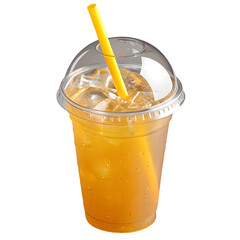 Plastic cup with dome lid filled with orange juice and clear straw